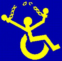 Disegno di simbolo del disabile (in giallo) che spezza le catene (su sfondo blu)