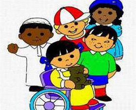 Disegno con bambini di varie etnie, insieme a una bimba in carrozzina