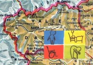 Realizzazione grafica con mappa della Valle d'Aosta sullo sfondo e al centro i vari àmbiti di impegno del Terzo Settore