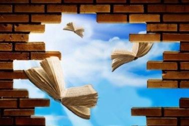 Realizzazione grafica con libri che volano via da una breccia nel muro