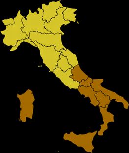 Carta d'Italia con le Regioni del Mezzogiorno in evidenza