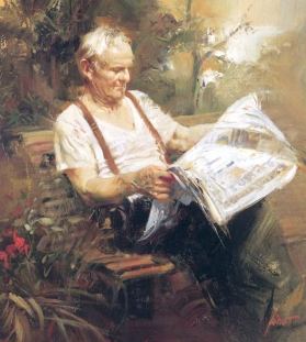 Pino Daeni, "Vecchio uomo che legge"