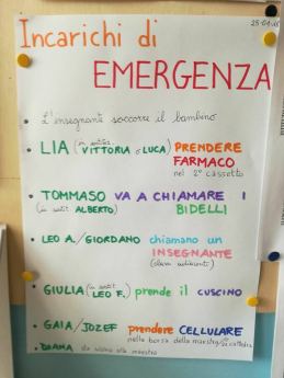 Cartellone con gli "Incarichi di emergenza" in una scuola di Riccione