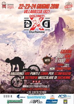 Locandina della manifestazione "Dolomiti for Duchenne", 22-24 giugno 2018