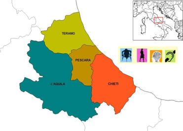Mappa dell'Abruzzo con le Province e i loghi delle varie disabilità