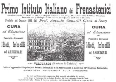 Manifesto d'epoca dedicato al "Primo Istituto Italiano dei Frenastenici" di Vercurago (Lecco)