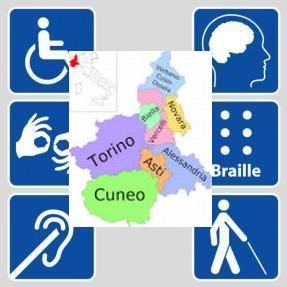 Mappa del Piemonte al centro dei vari loghi delle disabilità