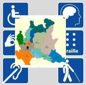 Cartina della Lombardia al centro dei loghi della disabilità