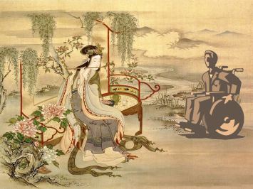 Persona in carrozzina inserita in un dipinto giapponese (realizzazione grafica di Gianni Minasso)