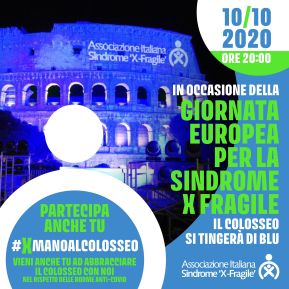 Elaborazione grafica con il Colosseo blu, per la Giornata Europea Sindrome X Fragile, 10 ottobre 2020