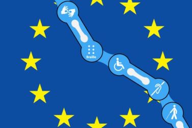 Realizzazione grafica con loghi di diverse disabilità circondati dalle stelle dell'Unione Europea