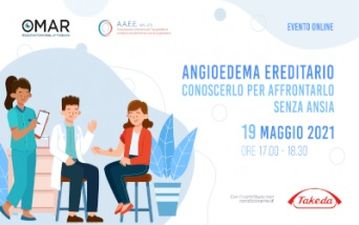 Locandina dell'incontro online sull'angioedema ereditario del 19 maggio 2021