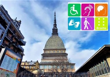 Elaborazione grafica con immagine di Torino e loghi della disabilità