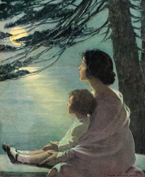 Madre con bimba sotto un albero guardano la luna davanti al mare, in un disegno notturno