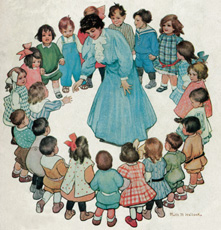 Antico disegno di bambini in cerchio attorno a una maestra