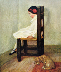Disegno di bimba seduta su una sedia, con un cagnolino vicino