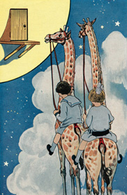 Disegno di due bambini che cavalcano due giraffe verso la luna