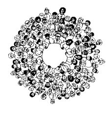 Un disegno di molte persone in cerchio, visto dall'alto