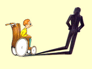 Disegno di un bambino in carrozzina che guarda la propria ombra che si riflette in una sagoma di adulto in piedi