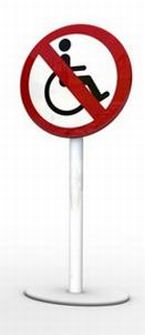Fotomontaggio di cartello stradale che indica «divieto di disabili»