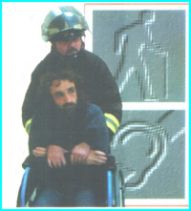 Persona con disabilità soccorsa da un Vigile del Fuoco. Sullo sfondo altri simboli di disabilità (uomo con bastone e sordità)