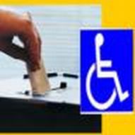 Realizzazione grafica con mano che depone la scheda in un'urna elettorale e logo della disabilità