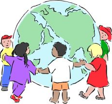 Disegno di cinque bambini dei diversi continenti attorno al globo