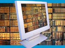 Creazione grafica che simboleggia la lettura di libri al computer