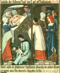 Antico codice medievale raffigurante un paziente e alcune persone a lui vicine