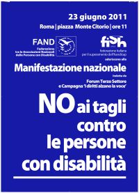 Una delle locandine prodotte dalla FISH, insieme alla FAND - l'altra Federazione di associazioni che si occupano di disabilità - in occasione della manifestazione del 23 giugno
