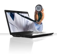 Realizzazione grafica con camice e fonendoscopio  di medico che escono dal computer