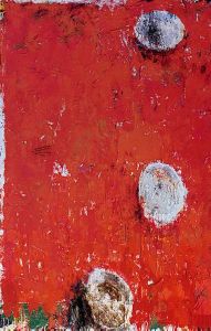"Tre piatti sulla tovaglia rossa" di Giuliano Collina, 1987, smalto, tempera, collage su tela, cm 195x130