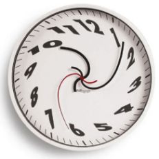 Orologio con lancette e numeri ricurvi, a simboleggiare la dilatazione del tempo