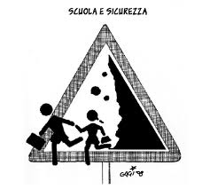 Disegno con il cartello stradale «Attenzione Scuola» e i due bimbi raffigurati che ne scappano (per gentile concessione)