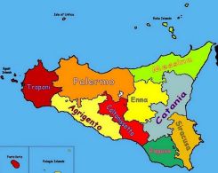 Pianta della Sicilia, con le nove Province evidenziate a colori