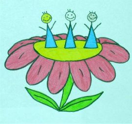 Disegno di un fiore con sopra tre bambini stilizzati
