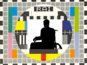 Realizzazione grafica con un'ombra di persona in carrozzina al centro del monoscopio RAI