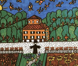 Disegno della locandina di "Una casa per tutti", spettacolo organizzato per il 21 novembre 2014 a Ponte Lambro, per festeggiare i sessant'anni della Nostra Famiglia