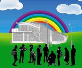 Realizzazione grafica con lavoratori disabili e non davanti a un'azienda, con sopra un arcobaleno