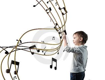 Realizzazione grafica di bimbo con autismo e note musicali