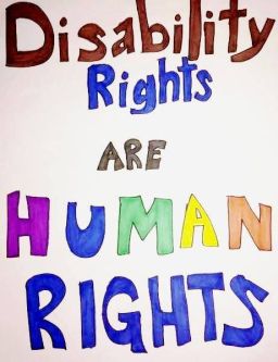 Cartaz dos EUA com texto "Os direitos dos deficientes são direitos humanos"