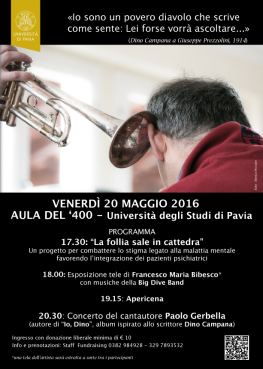 Locandina dell'evento dedicato alla presentazione del progetto dell'Università di Pavia "La follia sale in cattedra"