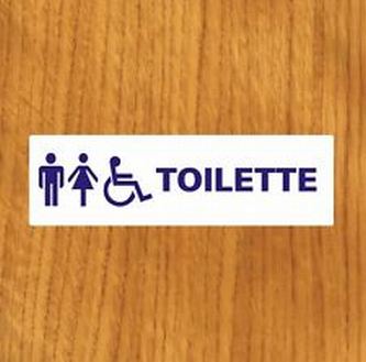 Targhetta di toilette con loghi di maschio, femmina e persona con disabilità