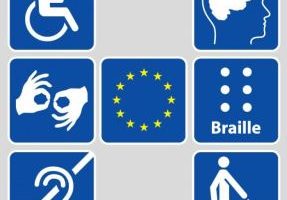 I loghi che rappresentano varie forme di disabilità, con la bandiera dell'Unione Europea al centro