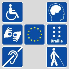 Loghi della disabilità, con la bandiera dell'Unione Europea al centro