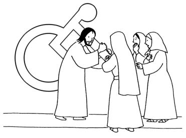 Disegno di Gianni Minasso con Gesù che porta sulle spalle una grande carrozzina e le Pie Donne