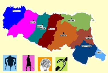 Mappa dell'Emilia Romagna con le Proovince e i loghi delle varie disabilità