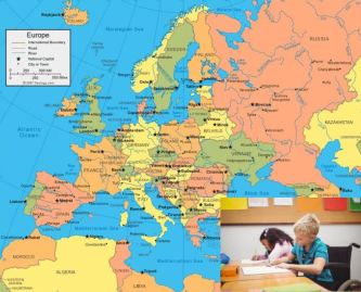 Mappa dell'Europa. In basso a destra un bimbo con disabilità a scuola