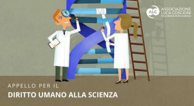 Realizzazione grafica elaborata dall'Associazione Luca Coscioni, per un appello sul diritto umano alla scienza