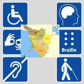 Mappa della Toscana al centro dei vari loghi delle disabilità